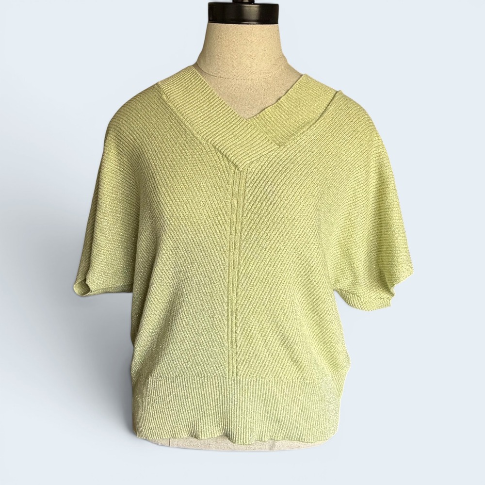 Truth by Republic Lime Green Metallic Knit V-Neck Short Sleeve Sweater M